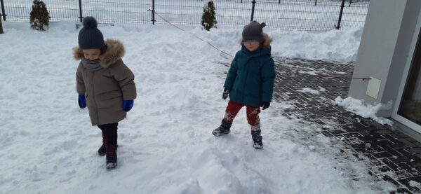 Mikołajek z Ignasiem bawią się na śniegu