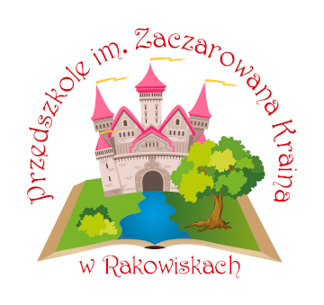 Logotyp przedszkola zawierający przedstawienie pałacu oraz otwartej książkiz rzeką i zielenią oraz napis Przedszkole im. Zaczarowana Kraina w Rakowiskach