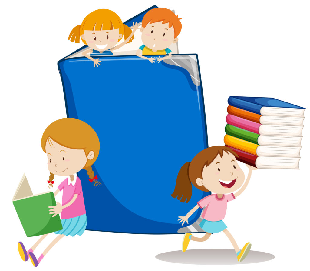 Ilustracja czwórki dzieci z wielką książką oraz kilkoma małymi książkami