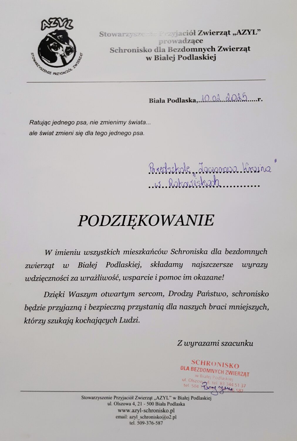 Podziękowania dla wszystkich przedszkolaków darczyńców o d mieszkańców schroniska.