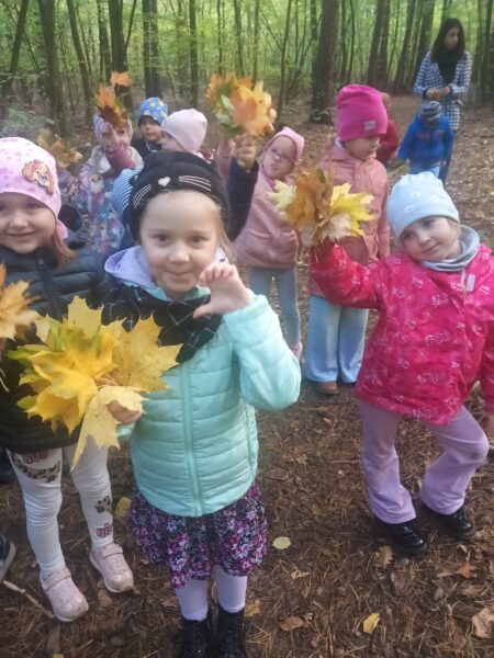 Przedszkolakom udało się zebrać liście klonu, dębu i szyszki
