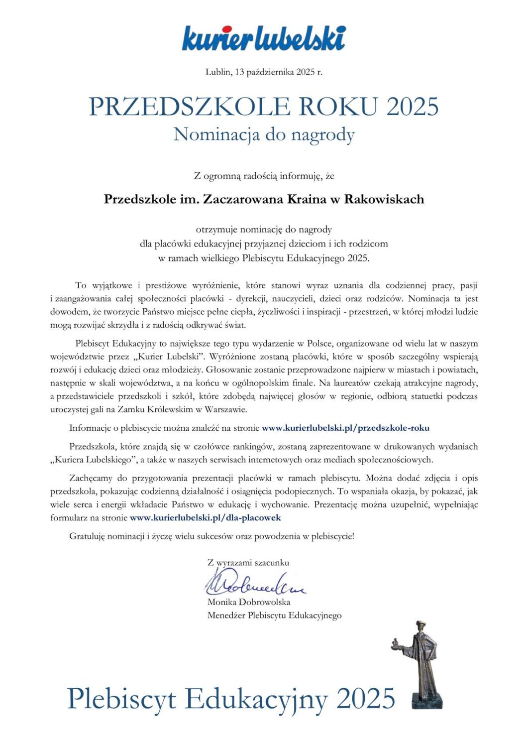 Nominacja do nagrody dla placówki edukacyjnej przyjaznej dzieciom i rodzicom