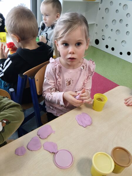 Misie poznają właściwości nowego tworzywa - ciastoliny.