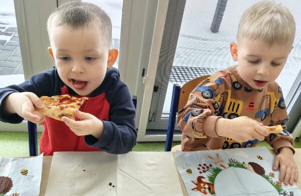 Misie biorą udział we wspólnej degustacji pizzy.