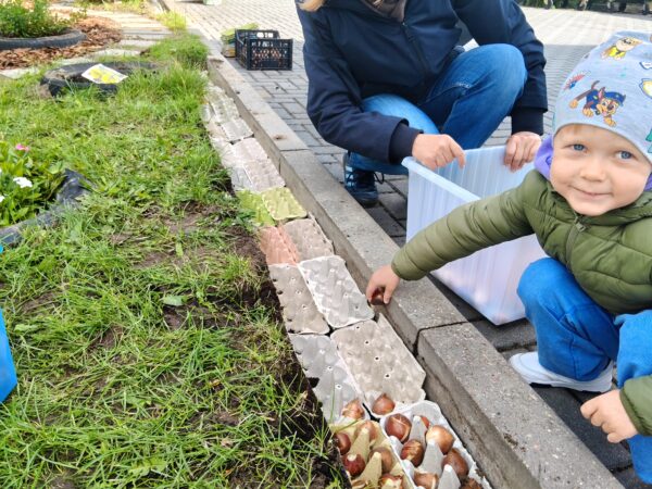 Filipek sadzi cebulki tulipanów w przedszkolnym ogrodzie.