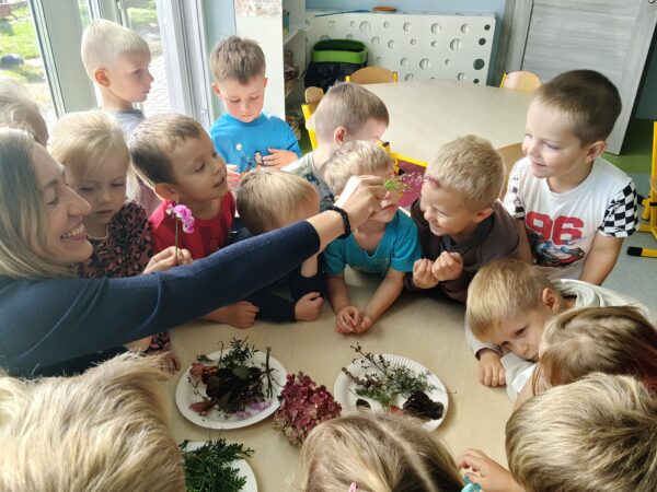 Misie biorą udział w warsztatach przyrodniczo - plastycznych.
