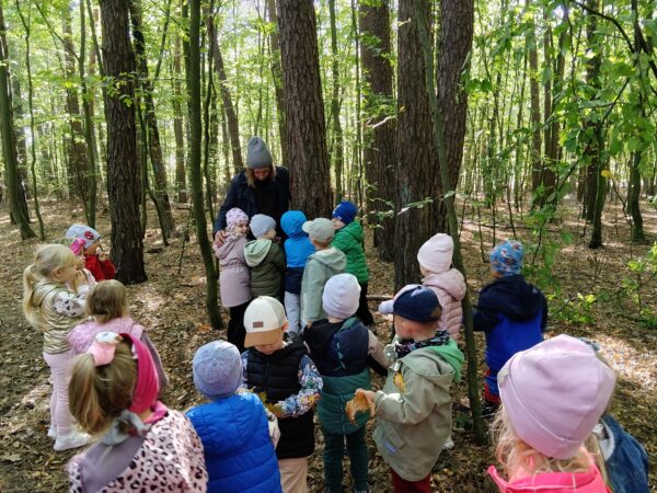 Misie uczestniczą w zajęciach outdoorowych.