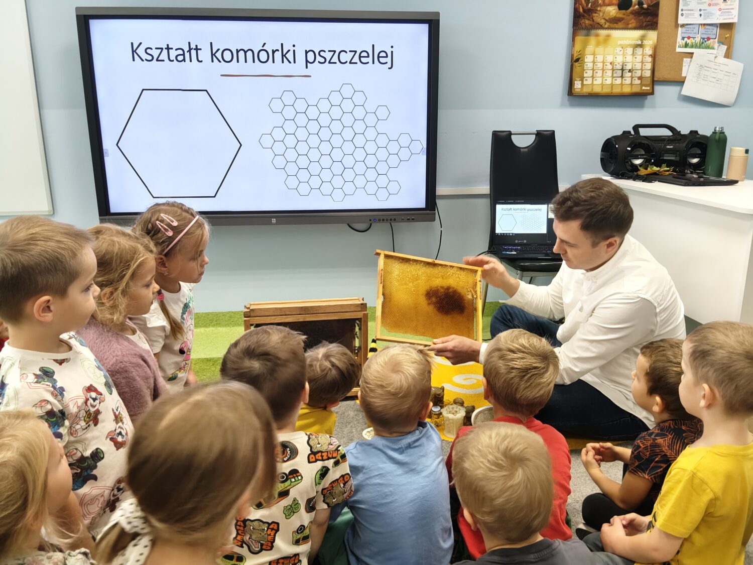 Misie biorą udział w warsztatach pszczelarskich.